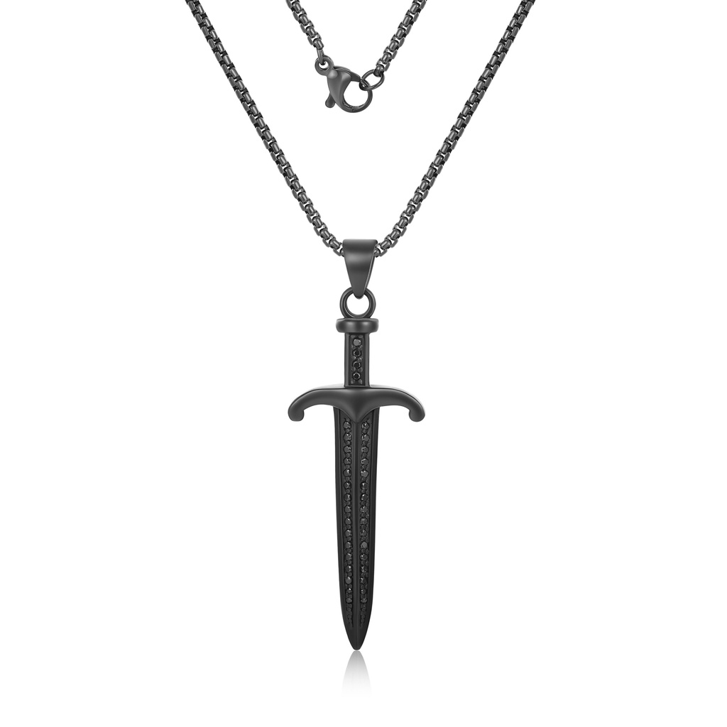 Black Stainless Steel Sword Pendant Necklace with Pavé Accents, Adjustable