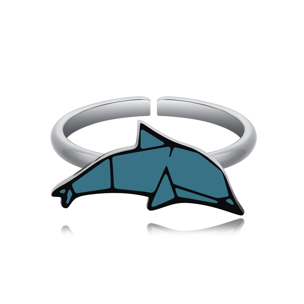 Adjustable Stainless Steel Ring with Playful Blue Dolphin Design