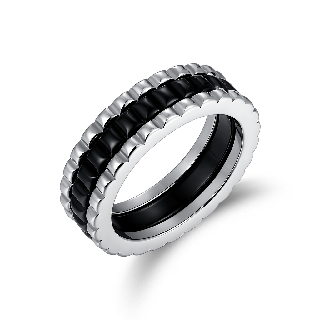Black and Silver Spinner Ring with Industrial Gear-Inspired Design