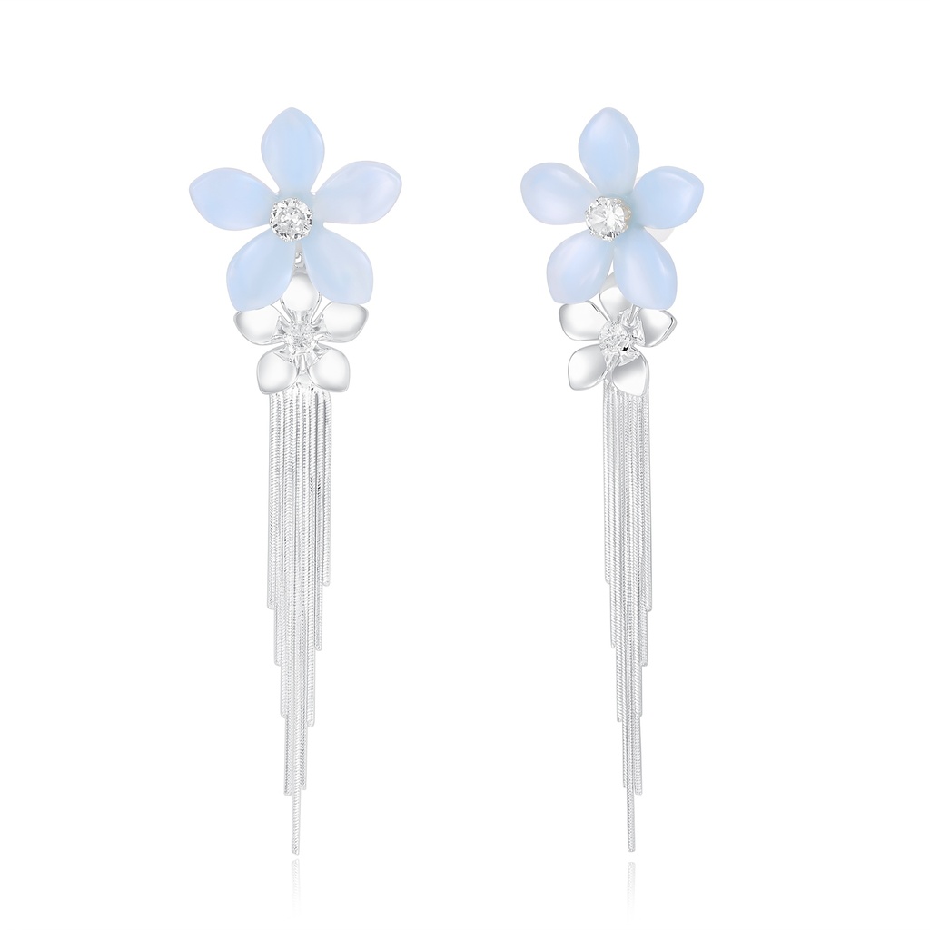 Blue and Silver Flower Drop Earrings with Tassel Fringe