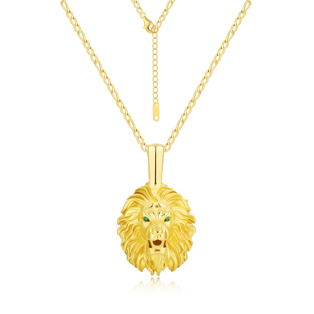 Bold Gold Lion Pendant Necklace with Green-Eyed Fierce Detail