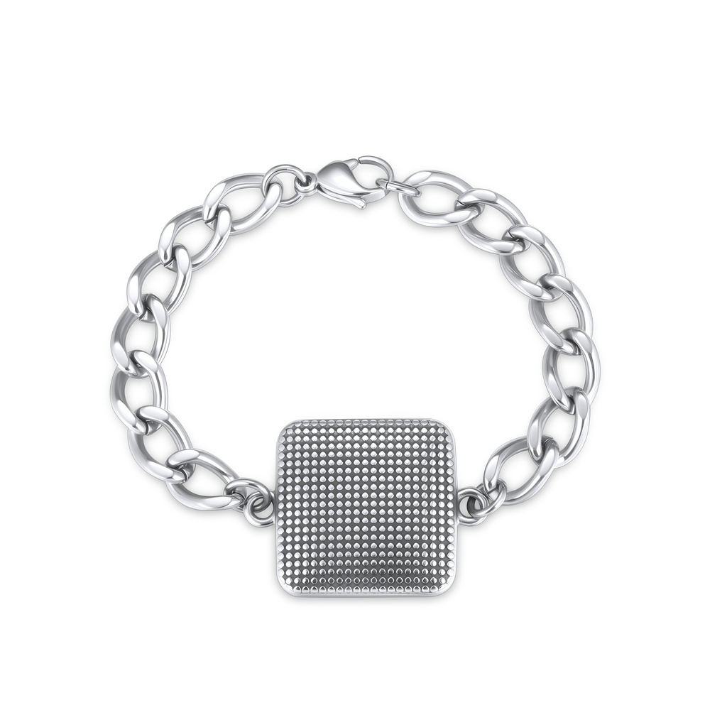 Chunky Stainless Steel Bracelet with Textured Square Centerpiece Design