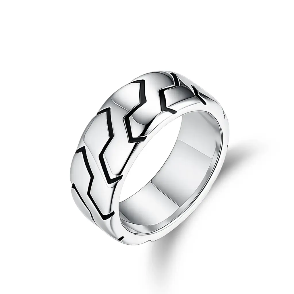 Men’s Tire Tread Pattern Band Ring – Durable Stainless Steel/Sterling Silver Custom Jewelry DJ01R0574