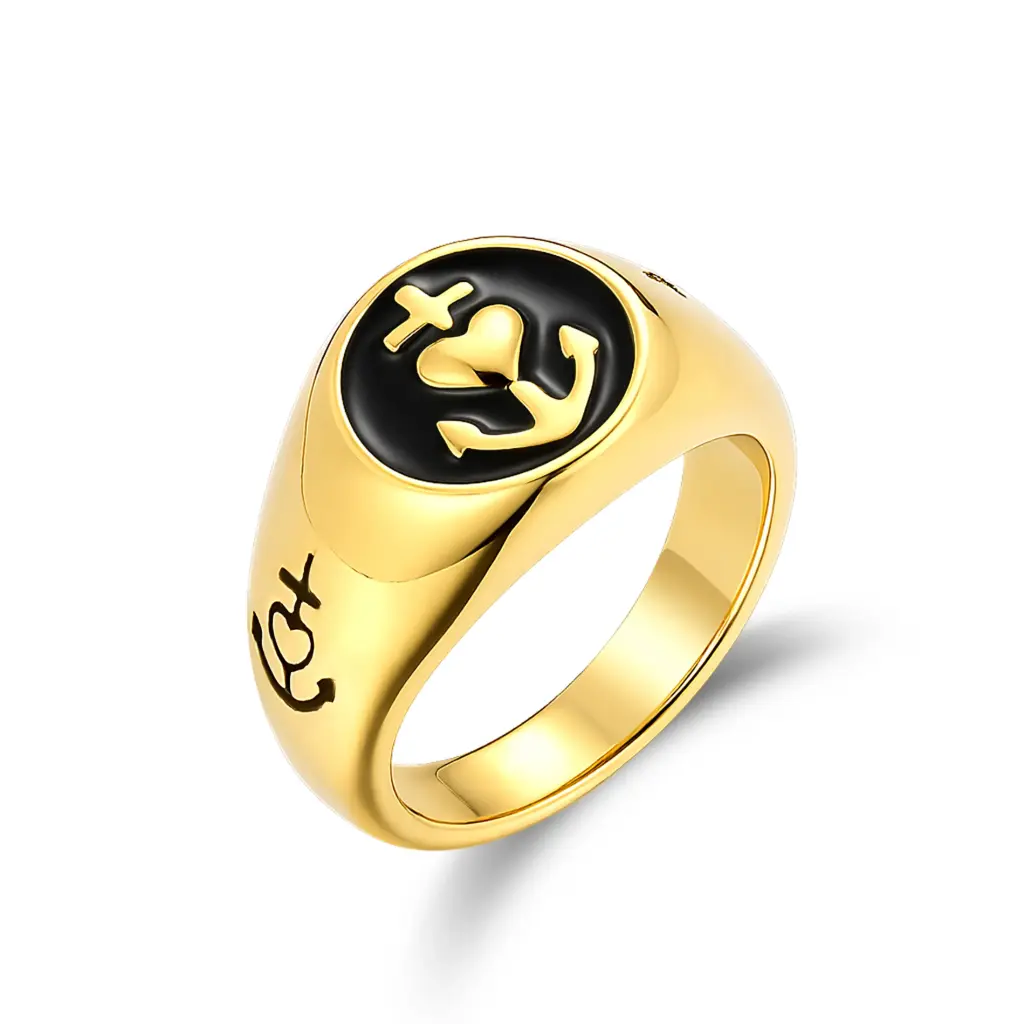 Custom Gold Plated Black Enamel Cross Heart Anchor Signet Ring DJ01R0670-1