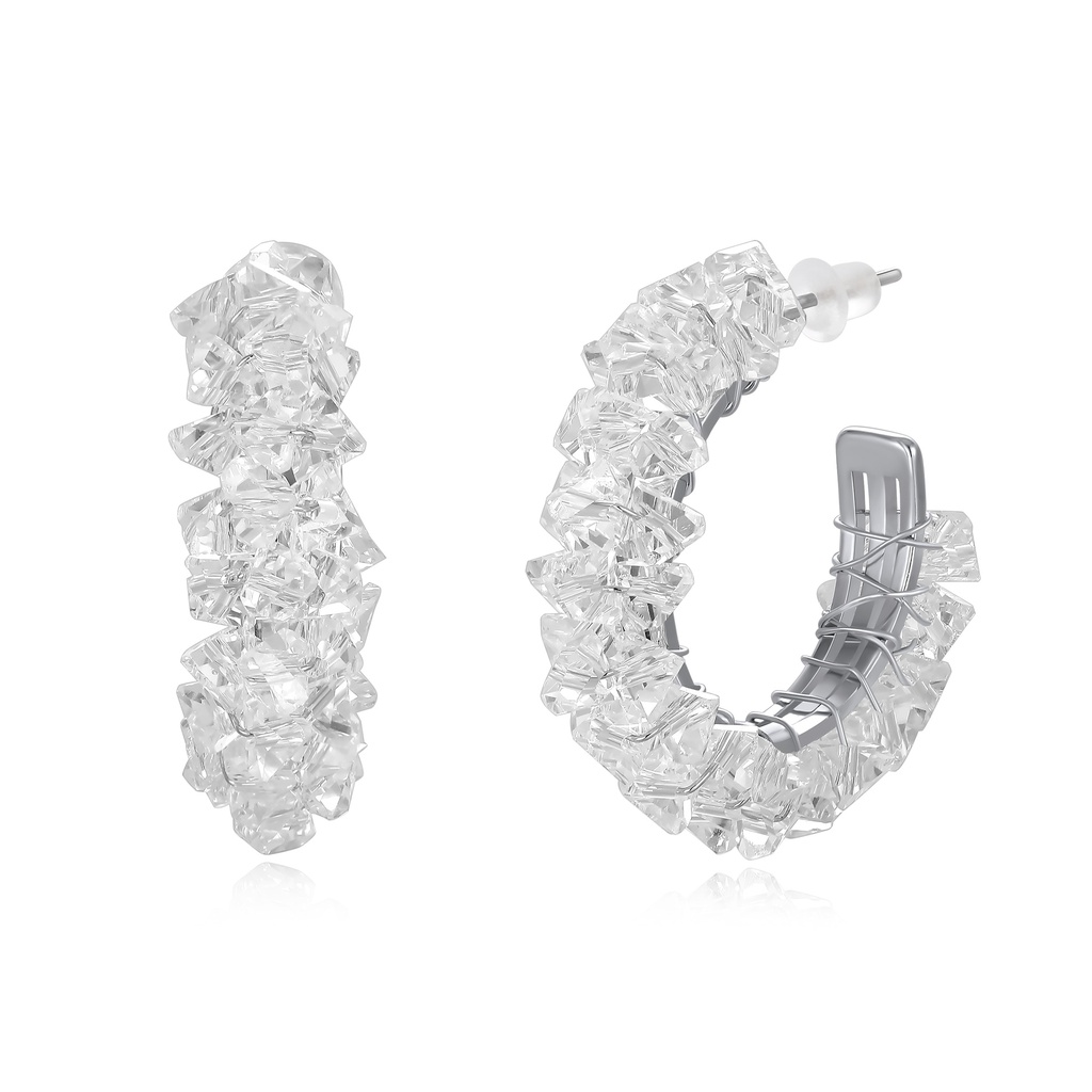 Chunky clear crystal hoop earrings with silver wire wrap accents.