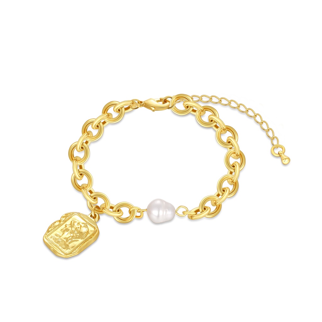 Chunky gold bracelet with pearl and embossed coin charm