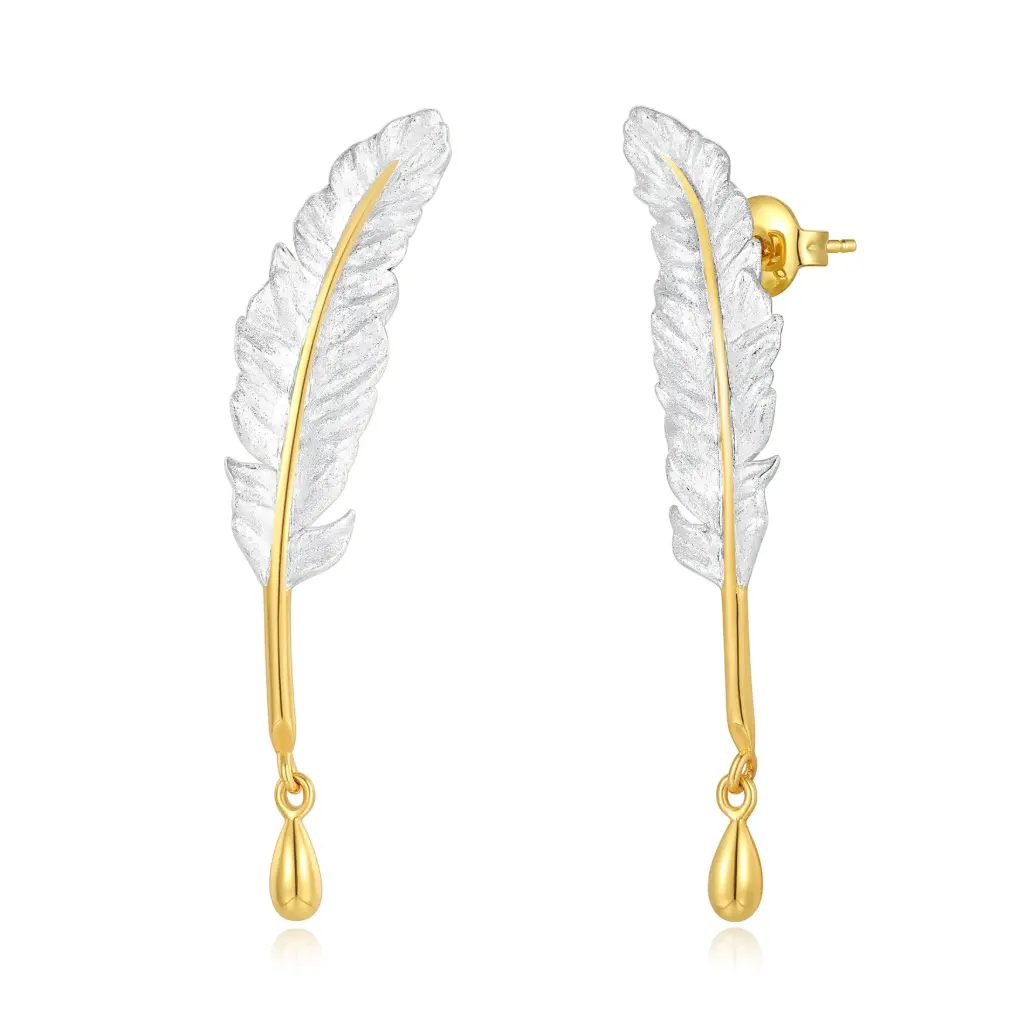 Wholesale Two-Tone Feather Drop Earrings | Custom Jewelry Manufacturer JY09E0024