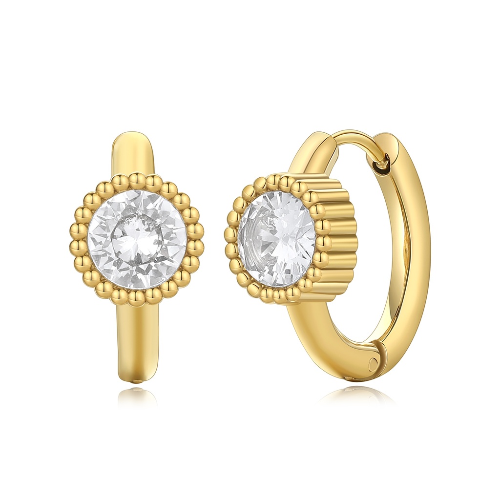 Classic Gold Huggie Earrings with Round Cubic Zirconia Centerpiece
