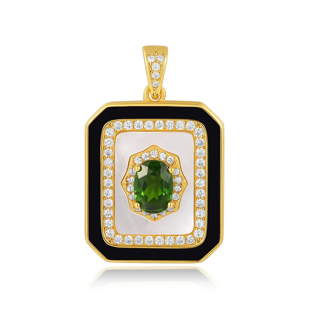 Gold Green Tourmaline, Mother-of-Pearl & Black Enamel Rectangular Pendant | Jinyi Jewelry JY13P0014-1