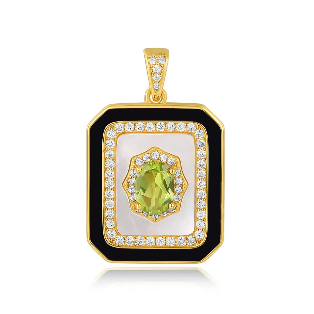 Gold Peridot, Mother-of-Pearl & Black Enamel Rectangular Pendant | Jinyi Jewelry JY13P0014-2