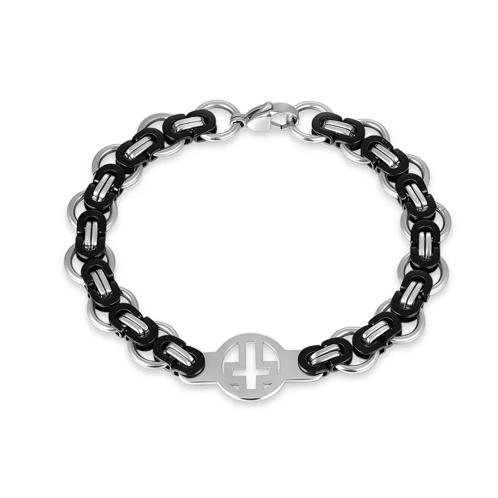 Stainless Steel Byzantine & Black Enamel Cross Men's Bracelet | Jinyi Jewelry JY09B0057