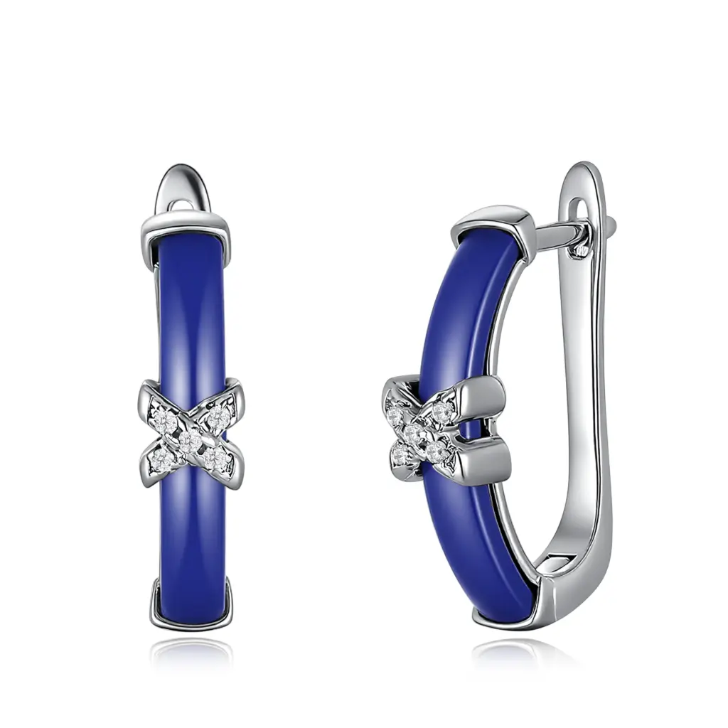 Blue Enamel & Crystal Cross Accent Silver Huggie Hoop Earrings | Jinyi Jewelry JY09E0096