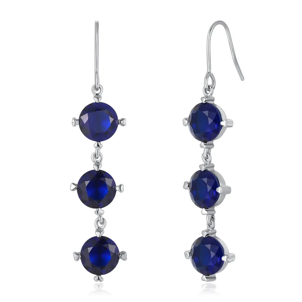 Blue Sapphire Triple-Stone Silver Drop Earrings | Jinyi Jewelry JY09E0125