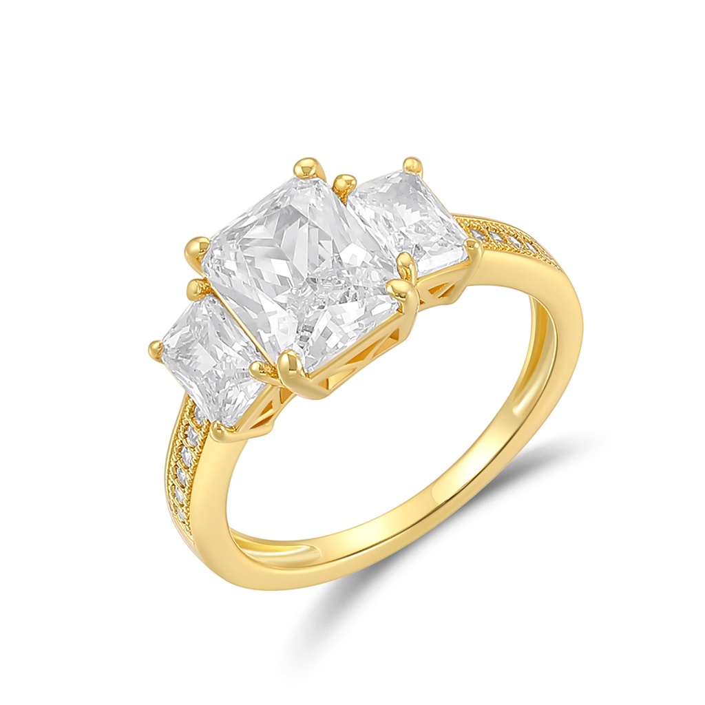 Classic Gold Three-Stone Ring with Clear Radiant-Cut Crystals