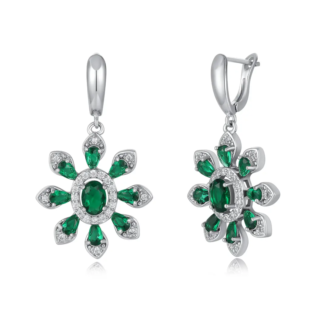 Emerald Green CZ Sunburst Drop Earrings | Wholesale 925 Silver & Brass Jewelry JY09E0188