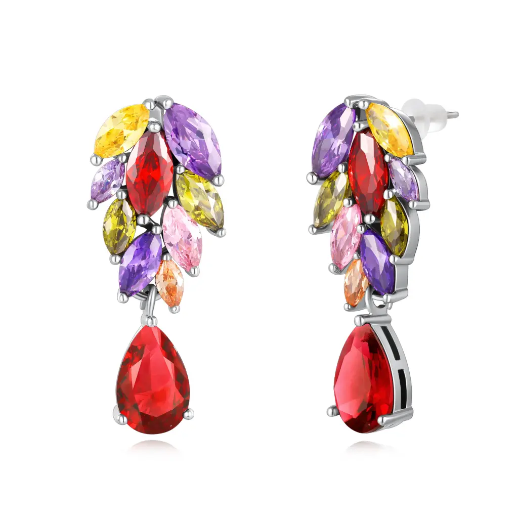 Colorful Gemstone Cluster Leaf Dangle Earrings with Red Teardrop Pendant | Wholesale Fine Jewelry JY09E0250