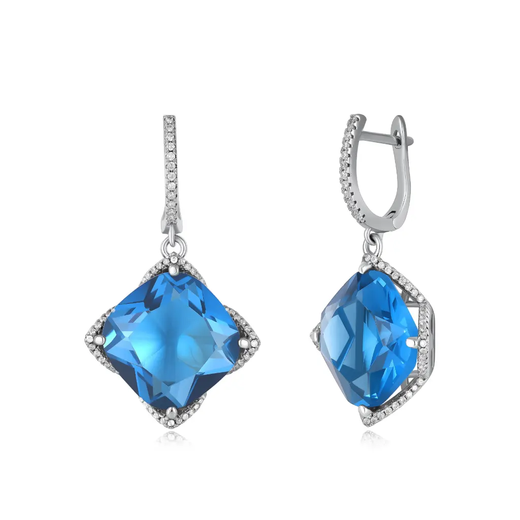 Custom Cushion-Cut Blue Crystal Drop Earrings | 925 Sterling Silver & Stainless Steel Jewelry Manufacturer JY09E0268