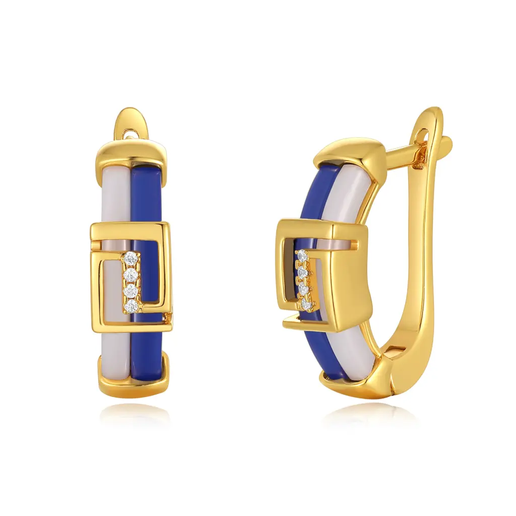 Greek Key Enamel Huggie Hoop Earrings | Custom Gold Plated & 925 Sterling Silver Jewelry Manufacturer JY09E0274