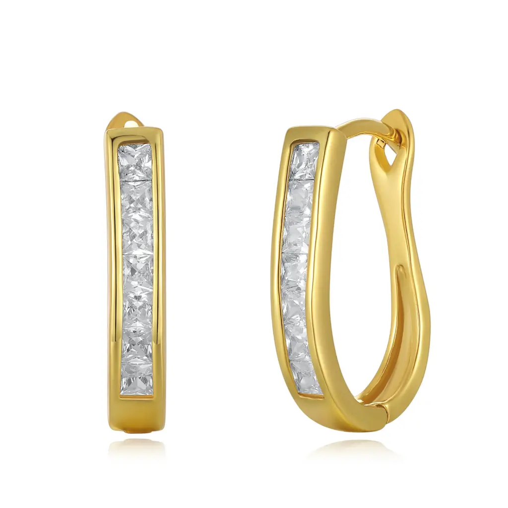 Channel Set Princess Cut CZ Huggie Hoop Earrings | Custom Gold Plated & 925 Sterling Silver Jewelry Manufacturer JY09E0281