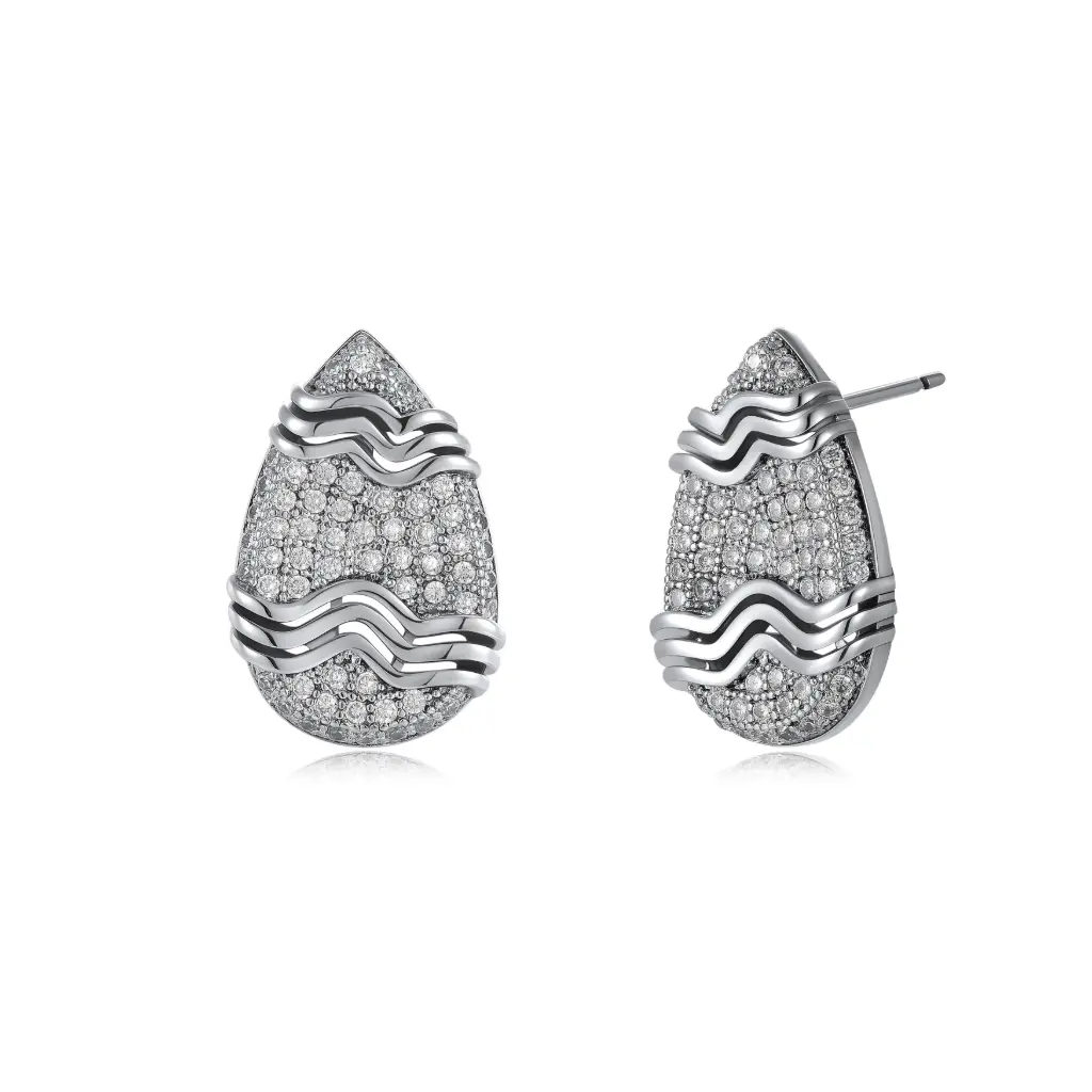 Pave CZ Teardrop Wave Stud Earrings | Custom 925 Sterling Silver & Stainless Steel Jewelry Manufacturer JY09E0296