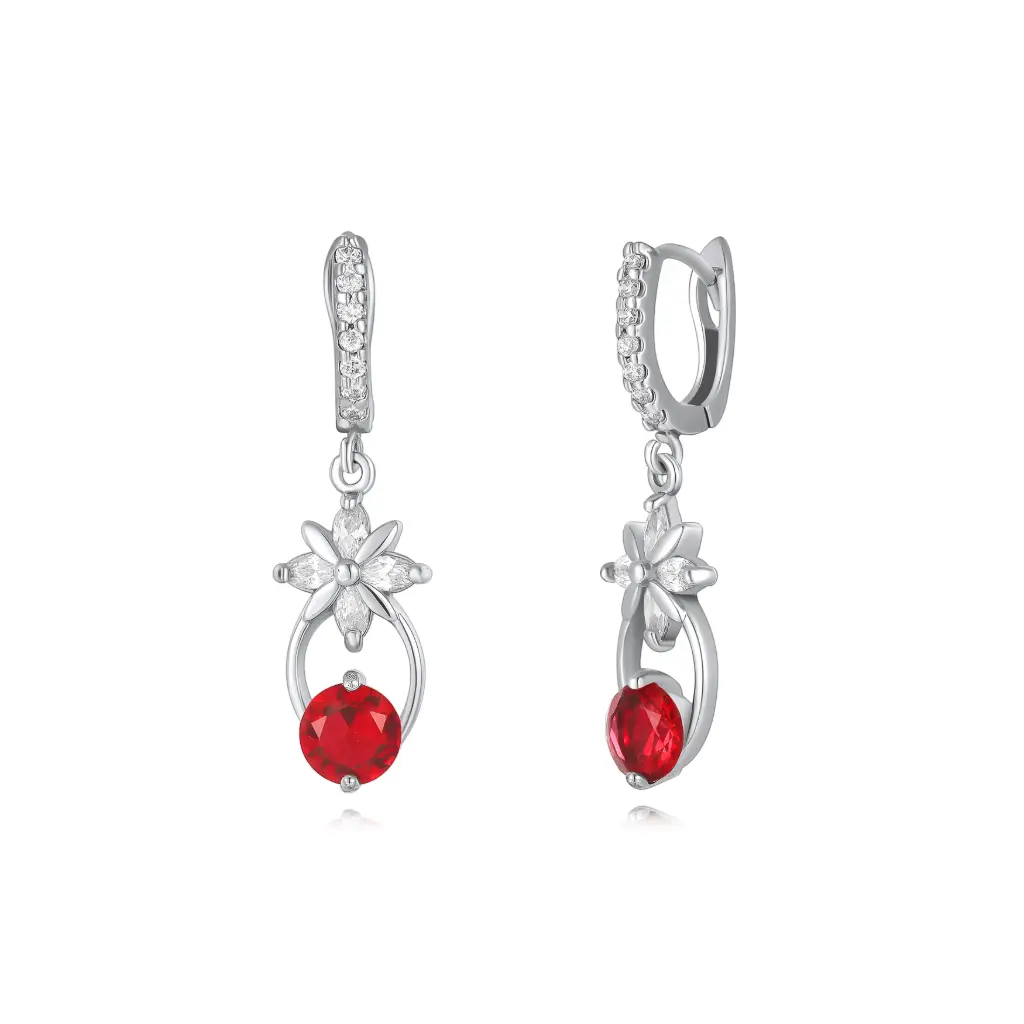 B2B Product Details: Floral Ruby Red CZ Dangle Huggie Earrings JY09E0316