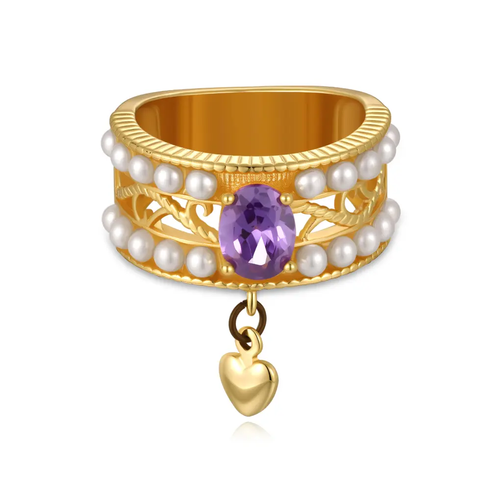 Gold Amethyst Pearl Heart Ring Wholesale JY09R0213