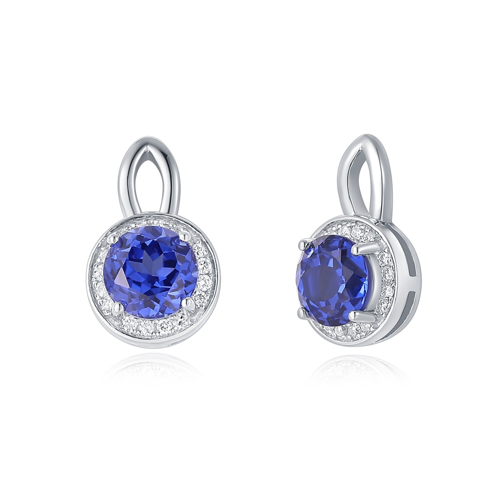 Classic Stainless Steel Earrings with Blue Gem and Crystal Halo