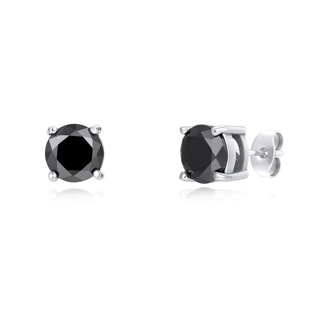 Classic Stainless Steel Stud Earrings with Black Round Cut Stones