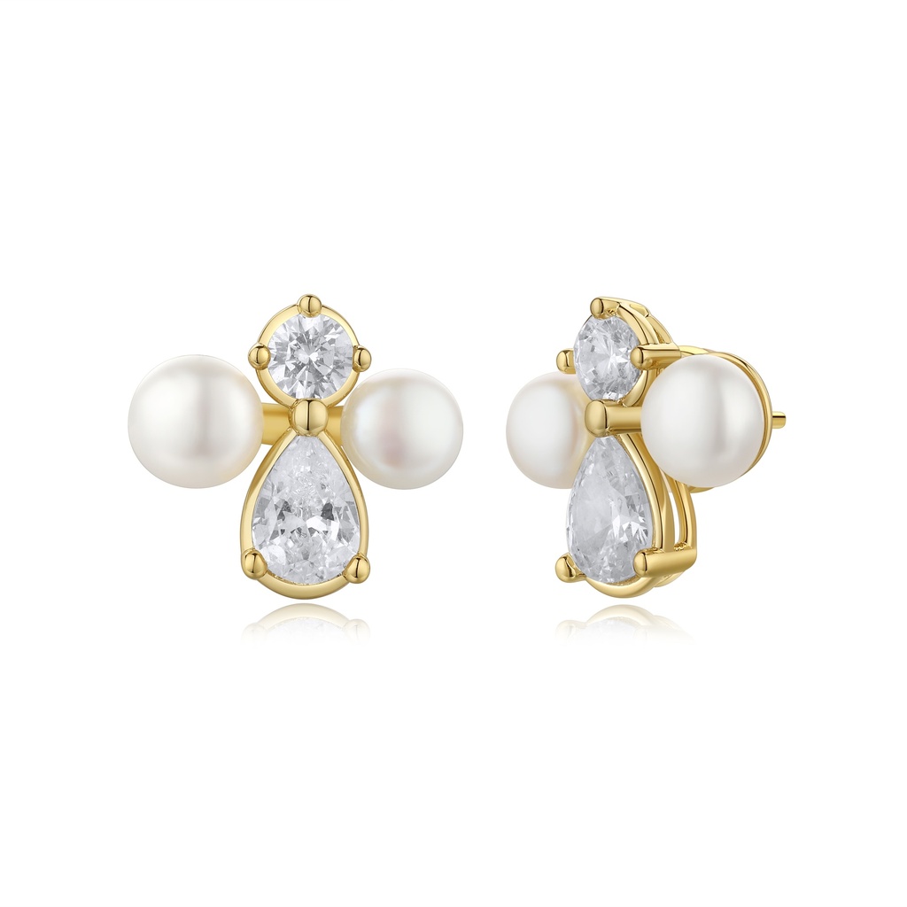 Classic pearl and crystal studs in elegant gold setting.