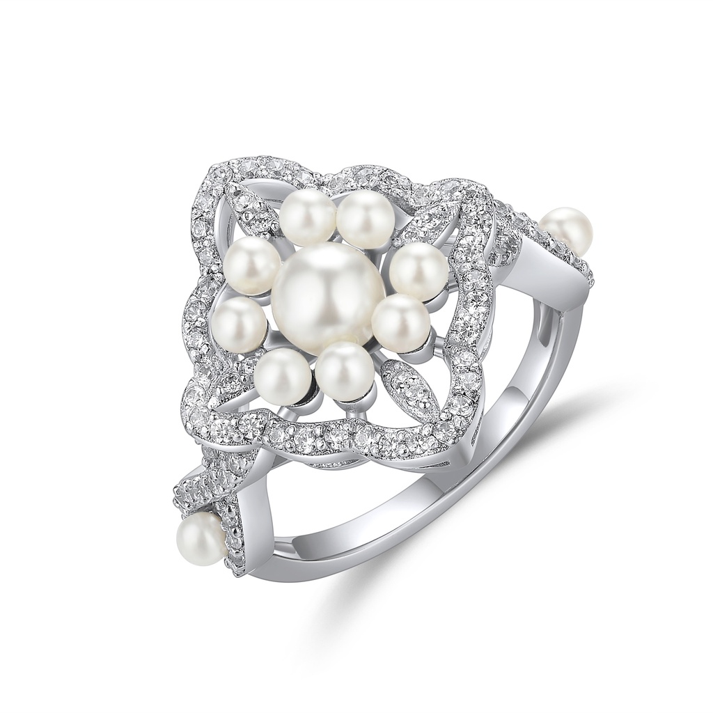Cluster Pearl Silver Ring with Curvy Halo