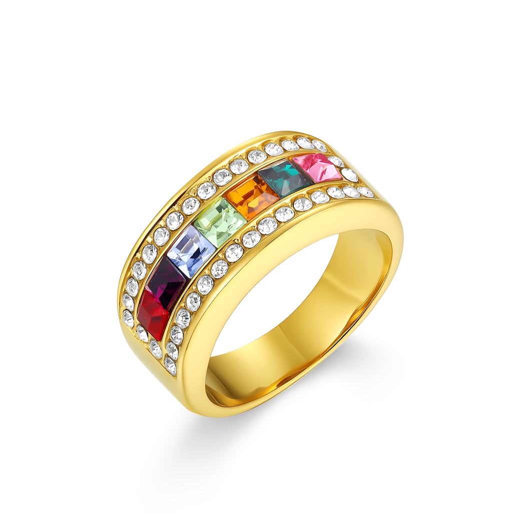 Colorful Cubic Zirconia Stainless Steel Gold Plated Wide Ring