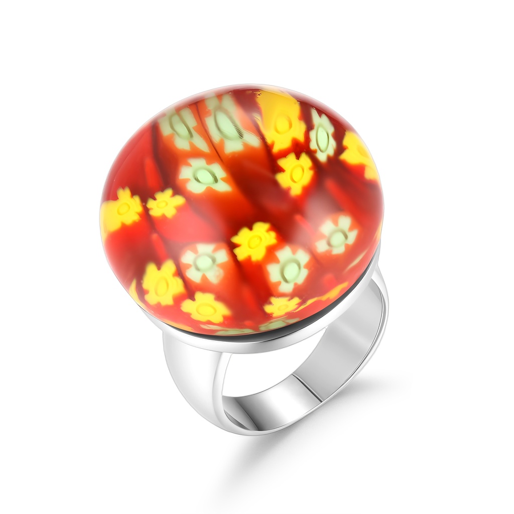 Colorful Floral Dome Stainless Steel Ring with Artistic Glass Design