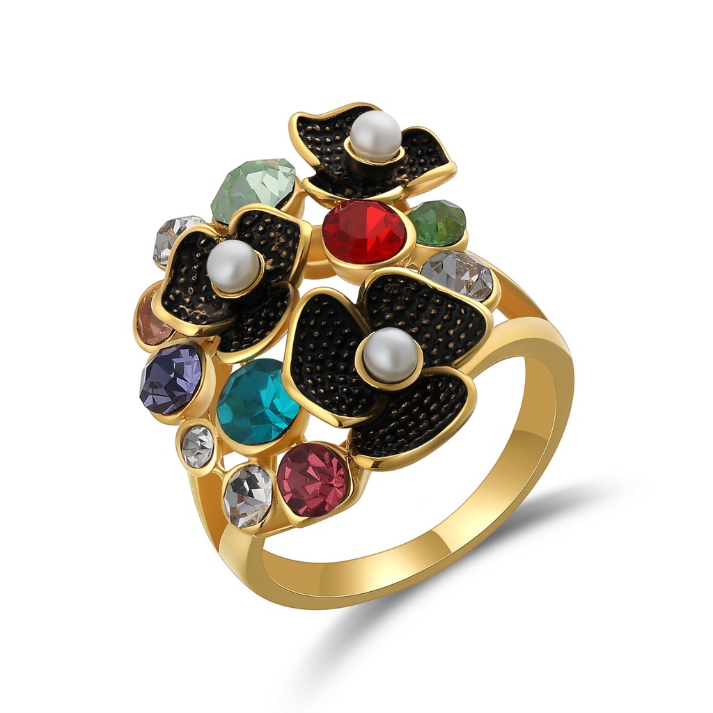 Colorful Floral Stainless Steel Ring with Pearls and Gemstones