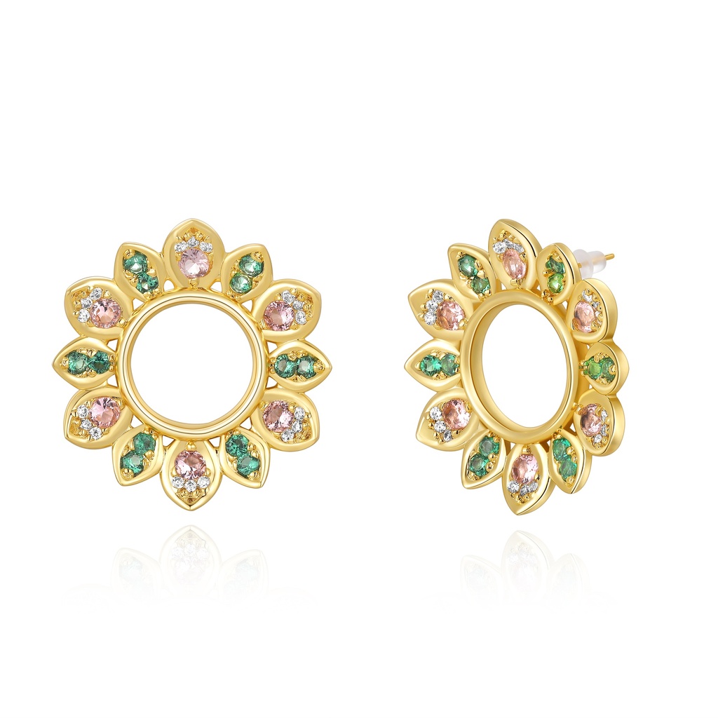 Colorful floral circle earrings with pink, green and white stones.