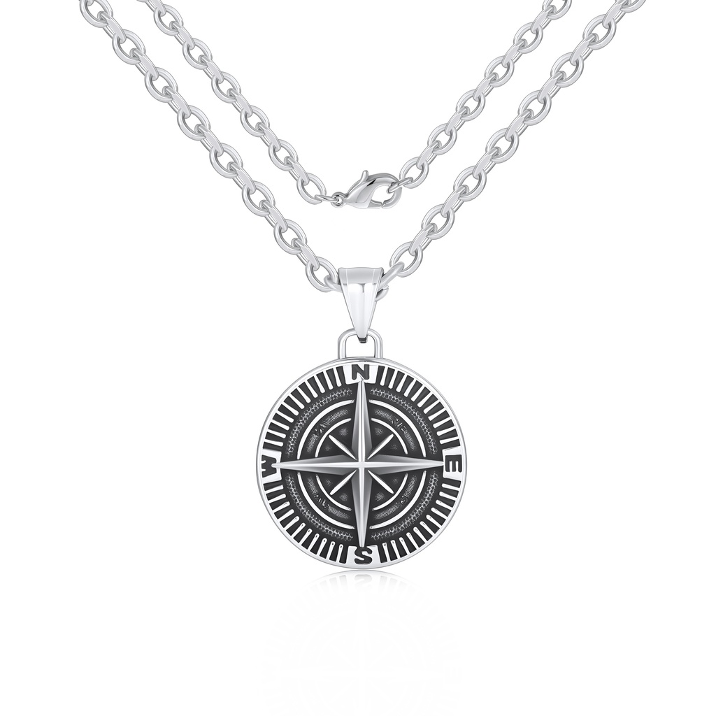Compass Pendant Stainless Steel Necklace with Double Chain Design