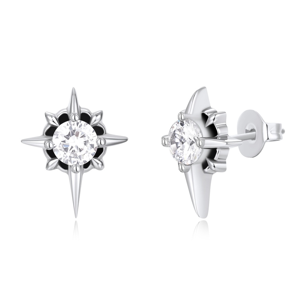 Compass Starburst Stud Earrings in Silver with Sparkling Center