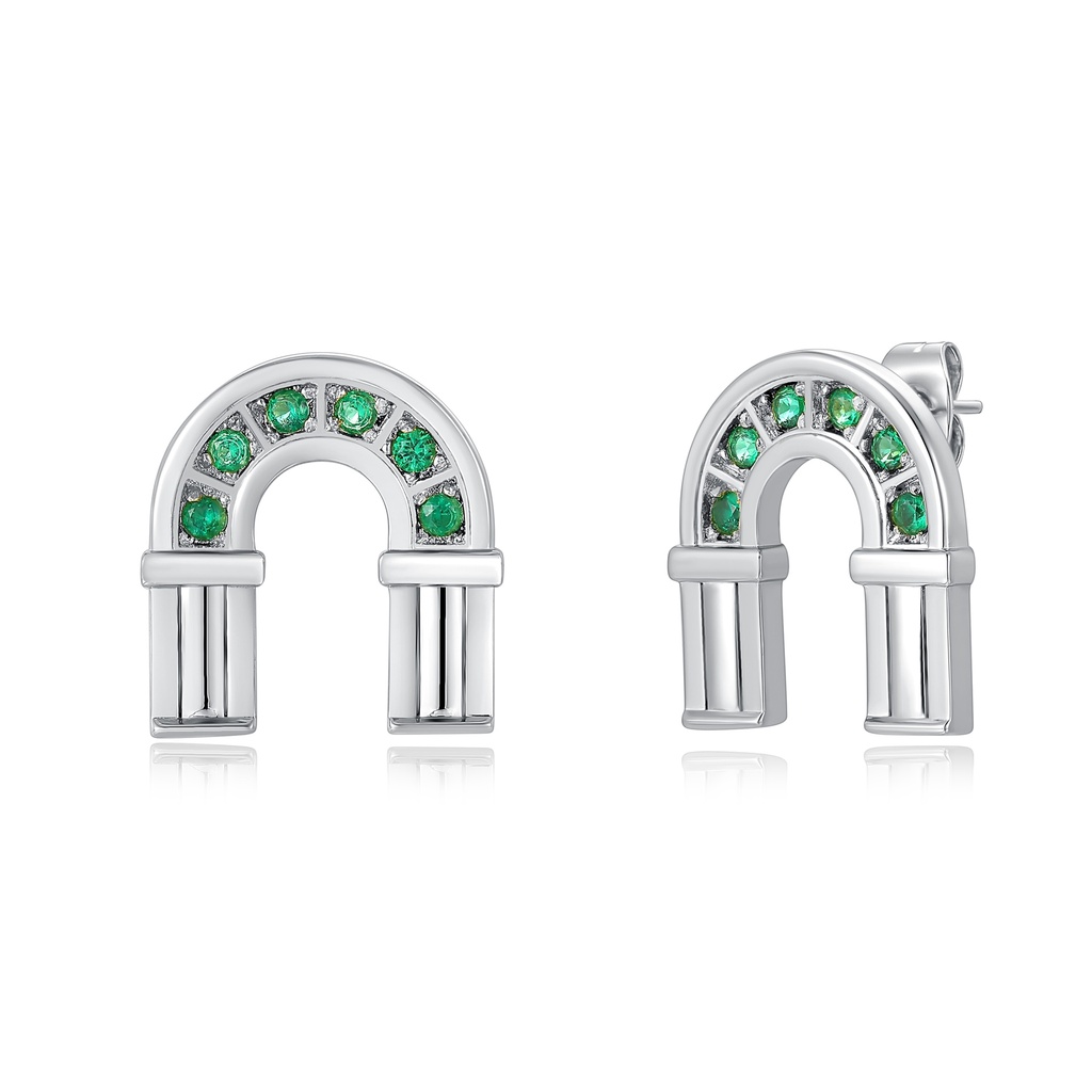 Contemporary Silver Stainless Steel Earrings with Green Crystal Arch Design