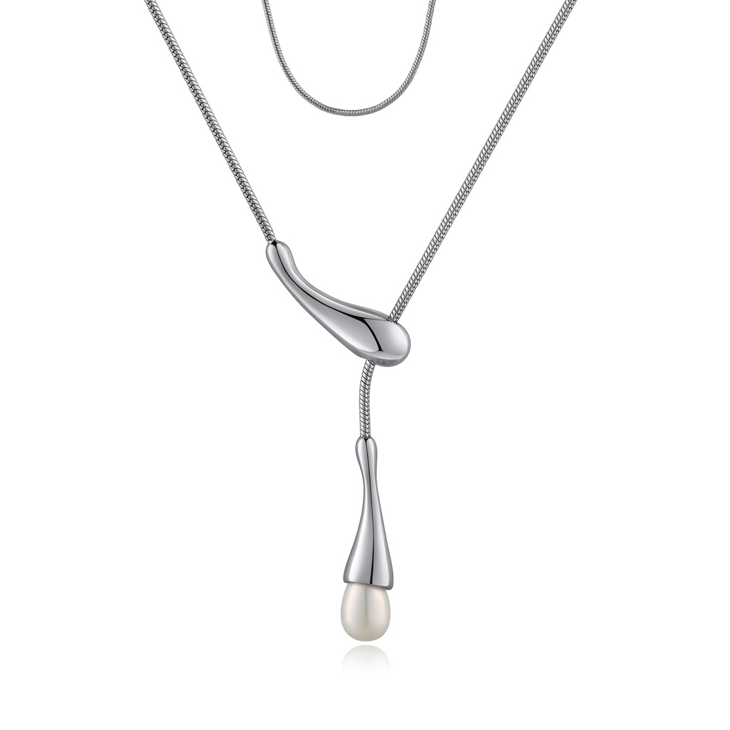 Contemporary silver lariat necklace with elegant pearl drop charm