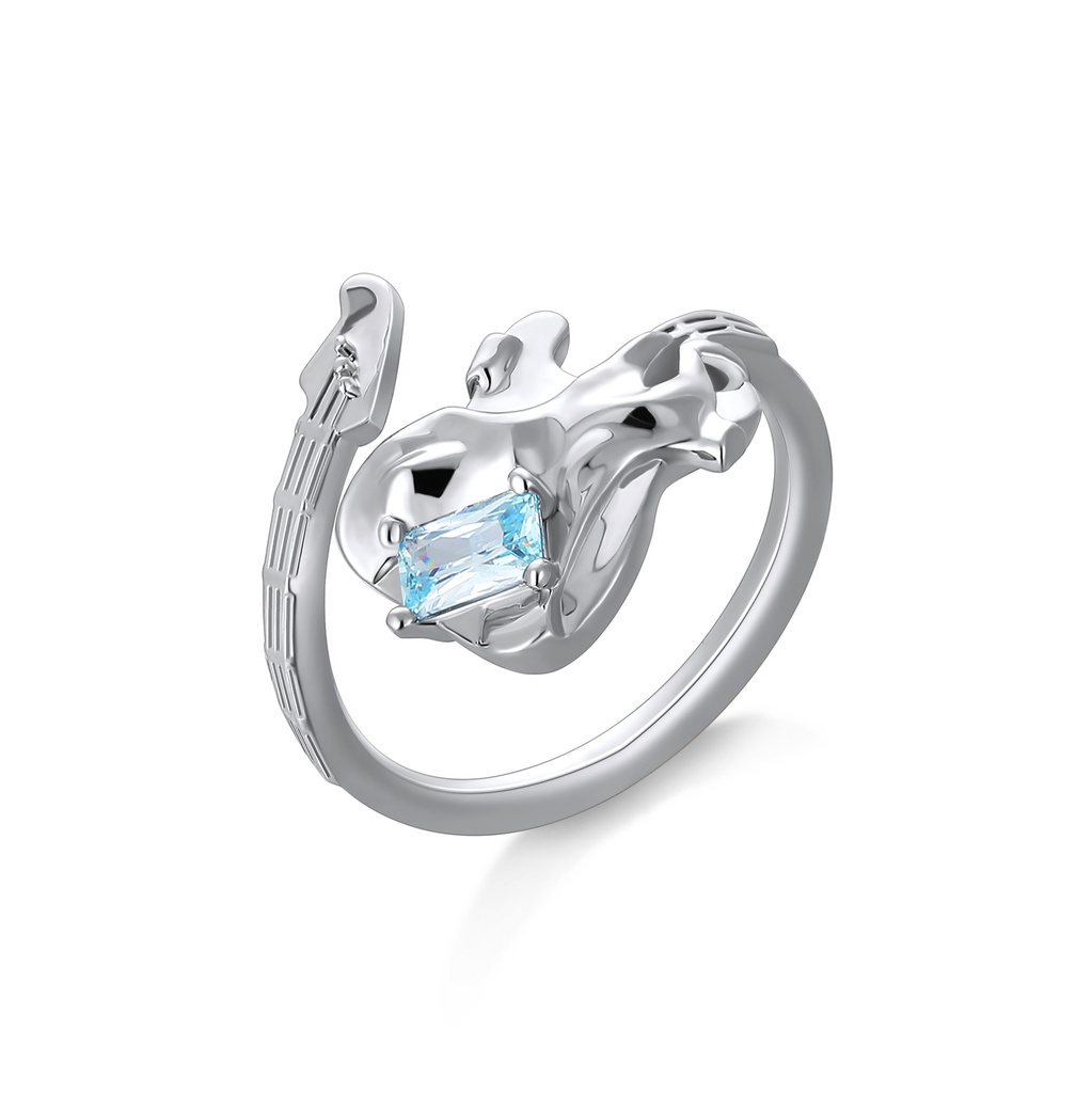 Creative balloon-style ring featuring a guitarist and blue stone