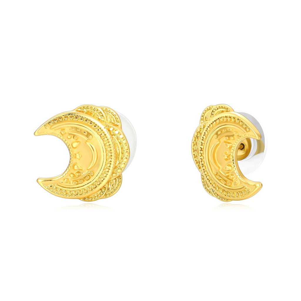 Crescent Moon Gold Stud Earrings with Intricate Carved Design