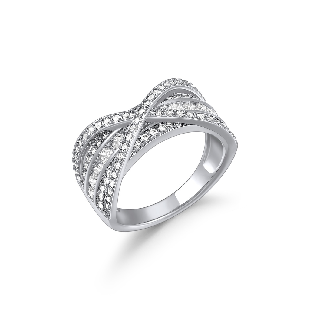 Crossover White CZ Pave Ring in Rhodium-Plated Brass