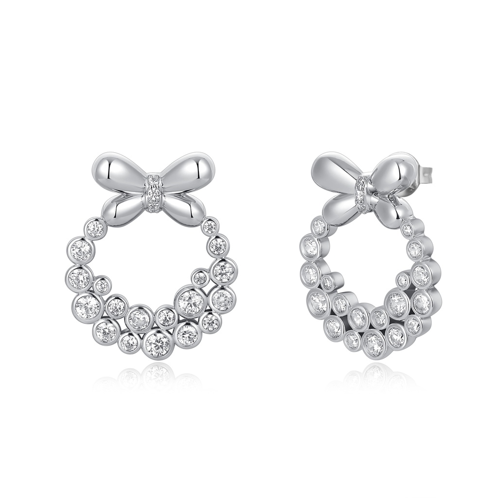 Crystal Bow Circle Studs in Elegant Rhodium Finish
