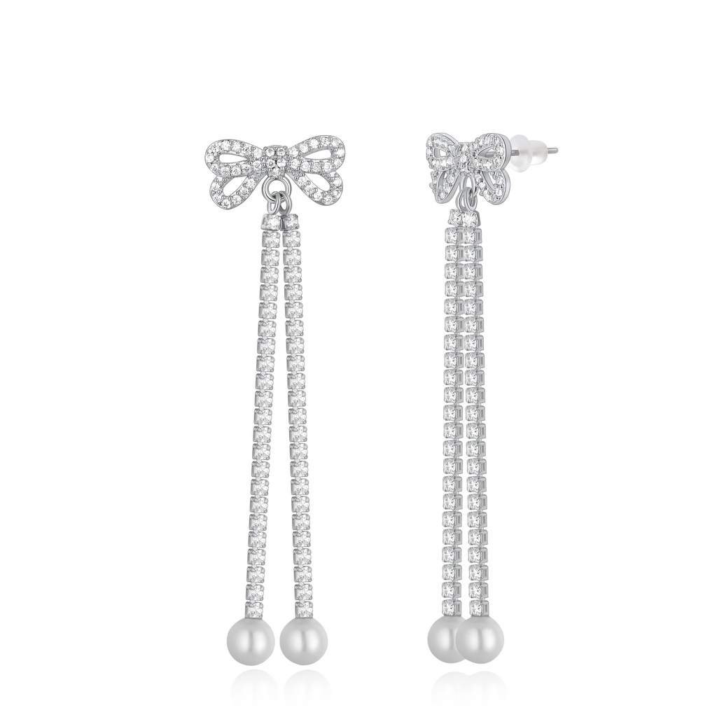 Crystal Bow Dangle Earrings with Pearl Drop Detail