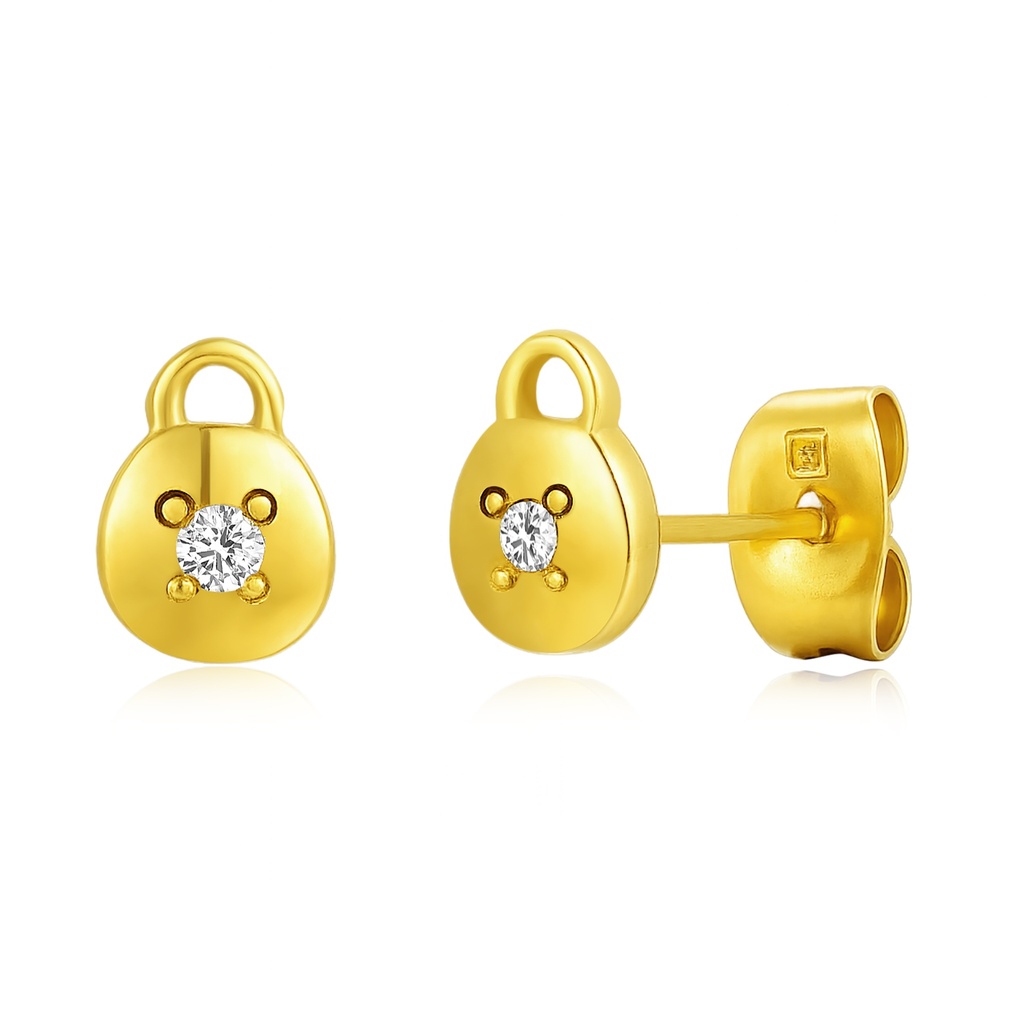 Cute Bear Face Gold Stud Earrings With Sparkling Crystal Center