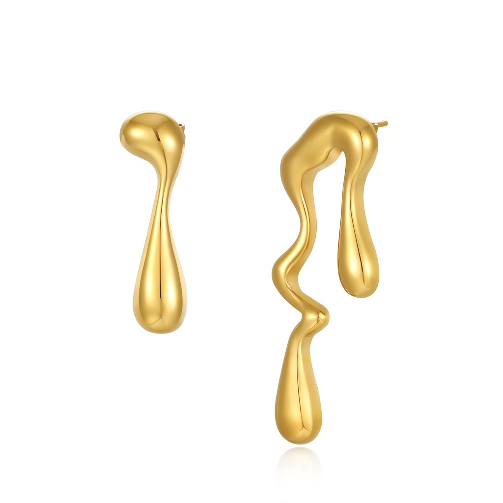 Asymmetric Molten Drip Earrings in Polished Gold Steel