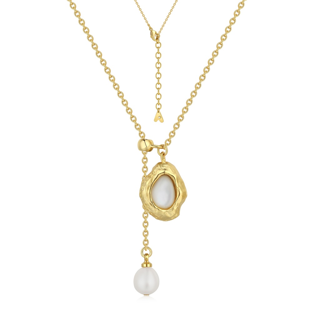 Asymmetrical Pearl Drop Necklace with Organic Gold Setting