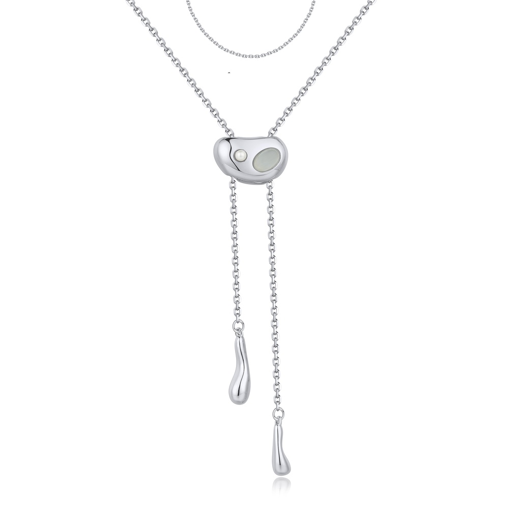 Asymmetrical Pearl Slide Necklace with Polished Metal Droplets