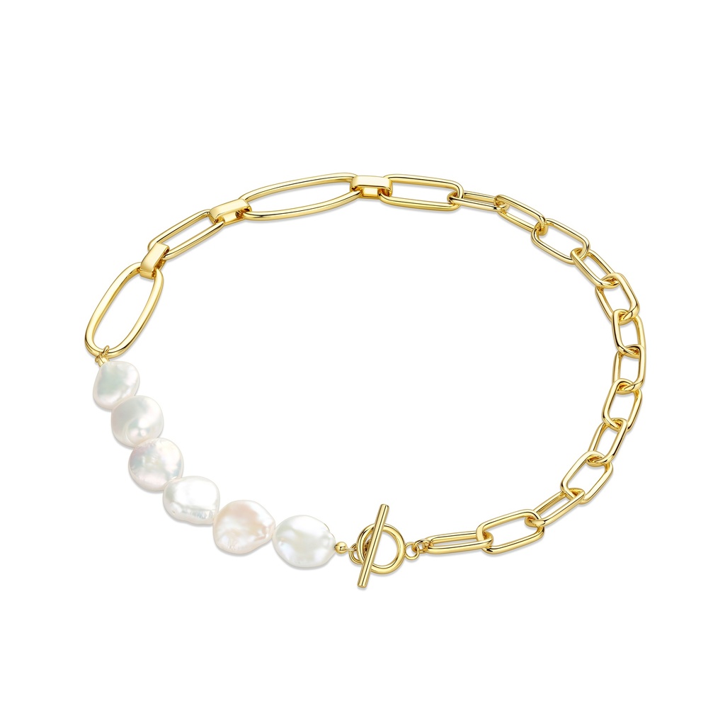 Asymmetrical Pearl and Link Bracelet in Gold-Tone Brass