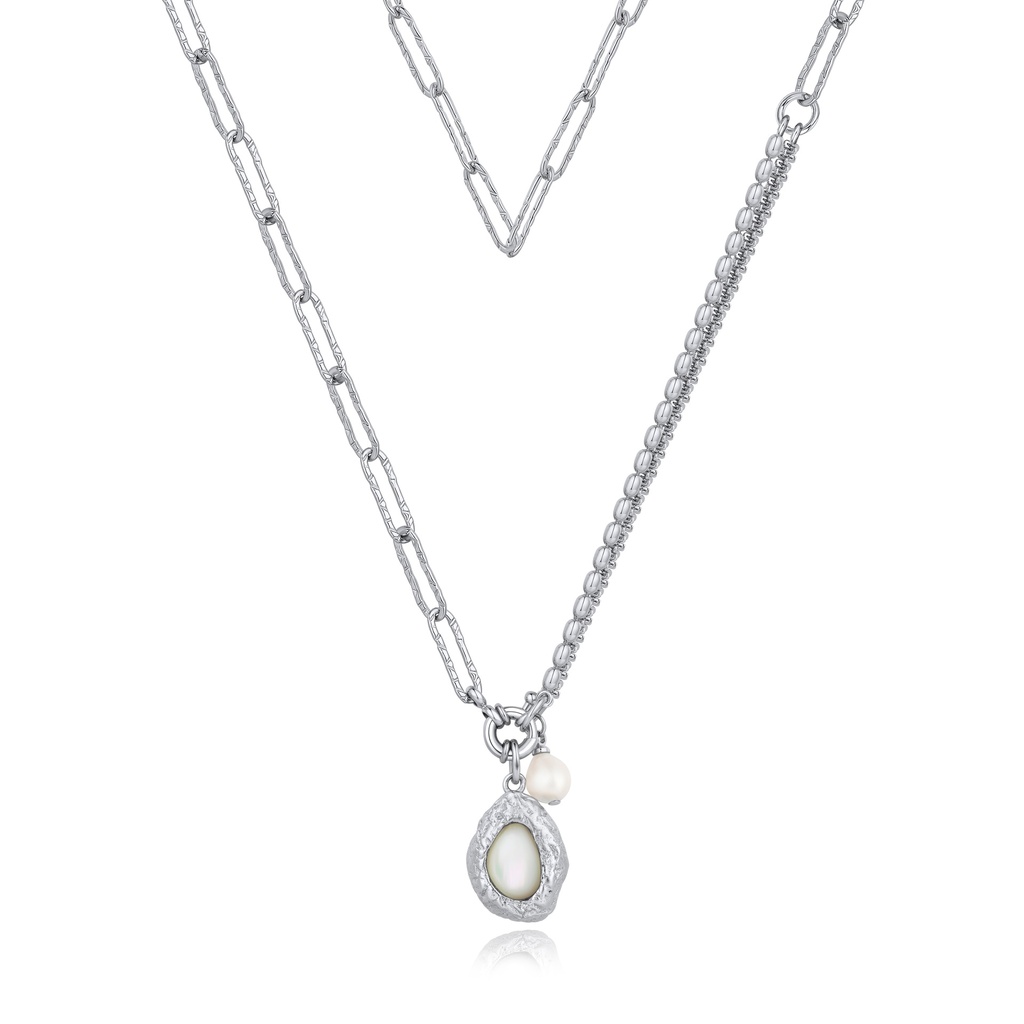Asymmetrical Silver Pearl Pendant Necklace with Dual Chain Design