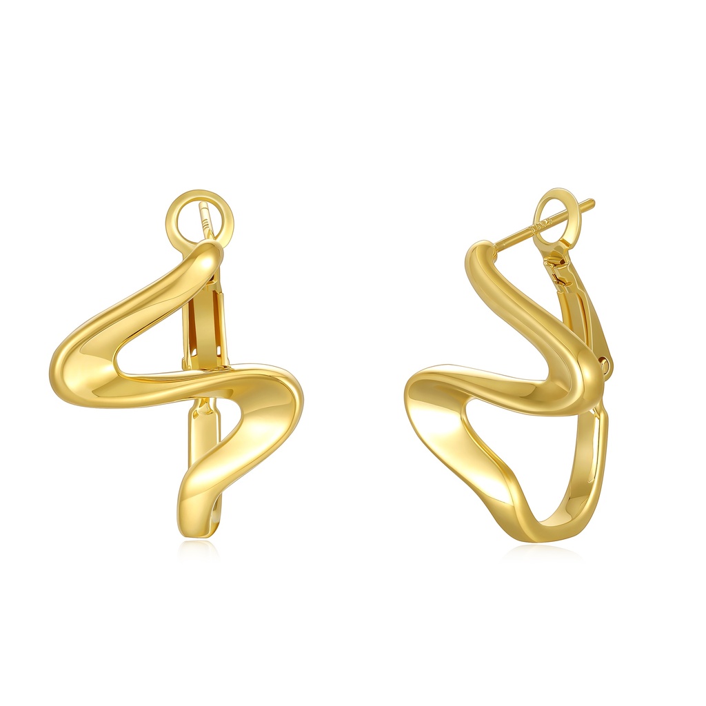 Abstract Gold Wave Hoop Earrings in Polished Brass